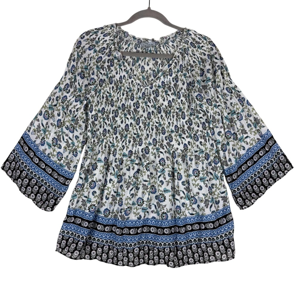 Floral & Ivy Blouse Womens Large White Blue Floral Boho 3/4 Bell Sleeve Tunic